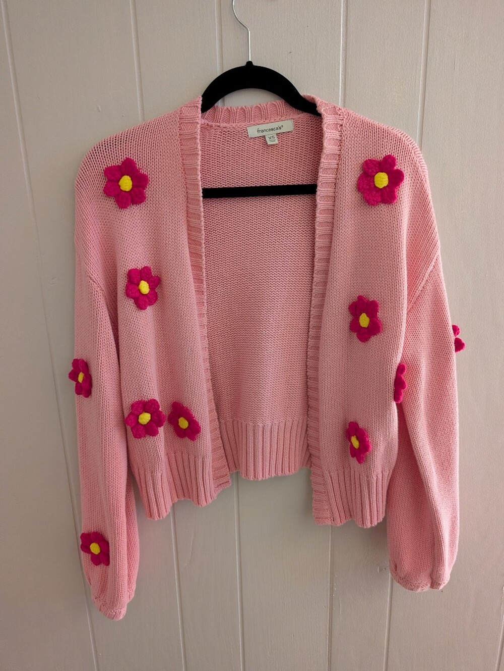 Francesca's Pink Clara Flower Bobble Open Cardigan